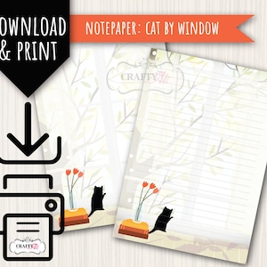 Papel para escrever cartas IMPRIMÍVEL, tema Cat By Window, papel para escrever cartas digitais, papel para baixar e imprimir
