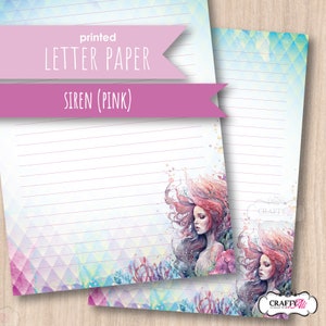 May include: Printed letter paper with a pink and blue watercolor design featuring a mermaid with long red hair. The text "printed letter paper" and "siren (pink)" is at the top of the page.