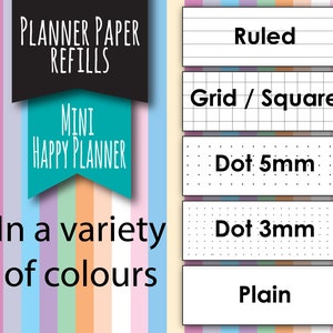 May include: Planner paper refills for a mini happy planner in a variety of colours. The paper refills come in ruled, grid, dot 5mm, dot 3mm, and plain styles.
