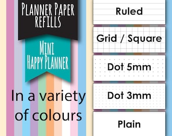 Mini Happy Planner Size Paper Refills, 40 sheets, for disc bound planners, refill paper, coloured paper, grid paper, dot grid paper