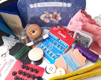 Vintage Sewing Kit with lovely haberdashery item, neatly contained in an cute tin, with old buttons, thread and sewing supplies