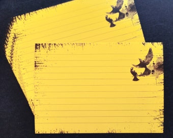 Notecards, yellow with black ravens and distressed edging, A6 size, set of 12, 7mm ruled lines