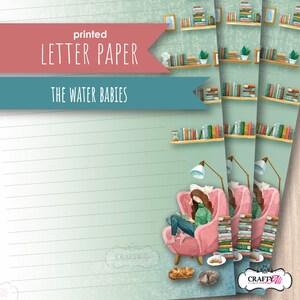 May include: Printed letter paper with the text "The Water Babies." The design features a woman reading in a pink armchair, with a cat and a dog at her feet. The background includes bookshelves and a lamp.