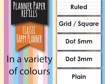 Classic Happy Planner Size Paper Refills, 30 sheets, for disc bound planners, refill paper, coloured paper, grid paper, dot grid paper