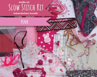 Pink Slow Stitching Kit / Fabric Scraps / Haberdashery Bundle / Embellishments Kit / Junk Journal / Remnants / sewing bundle