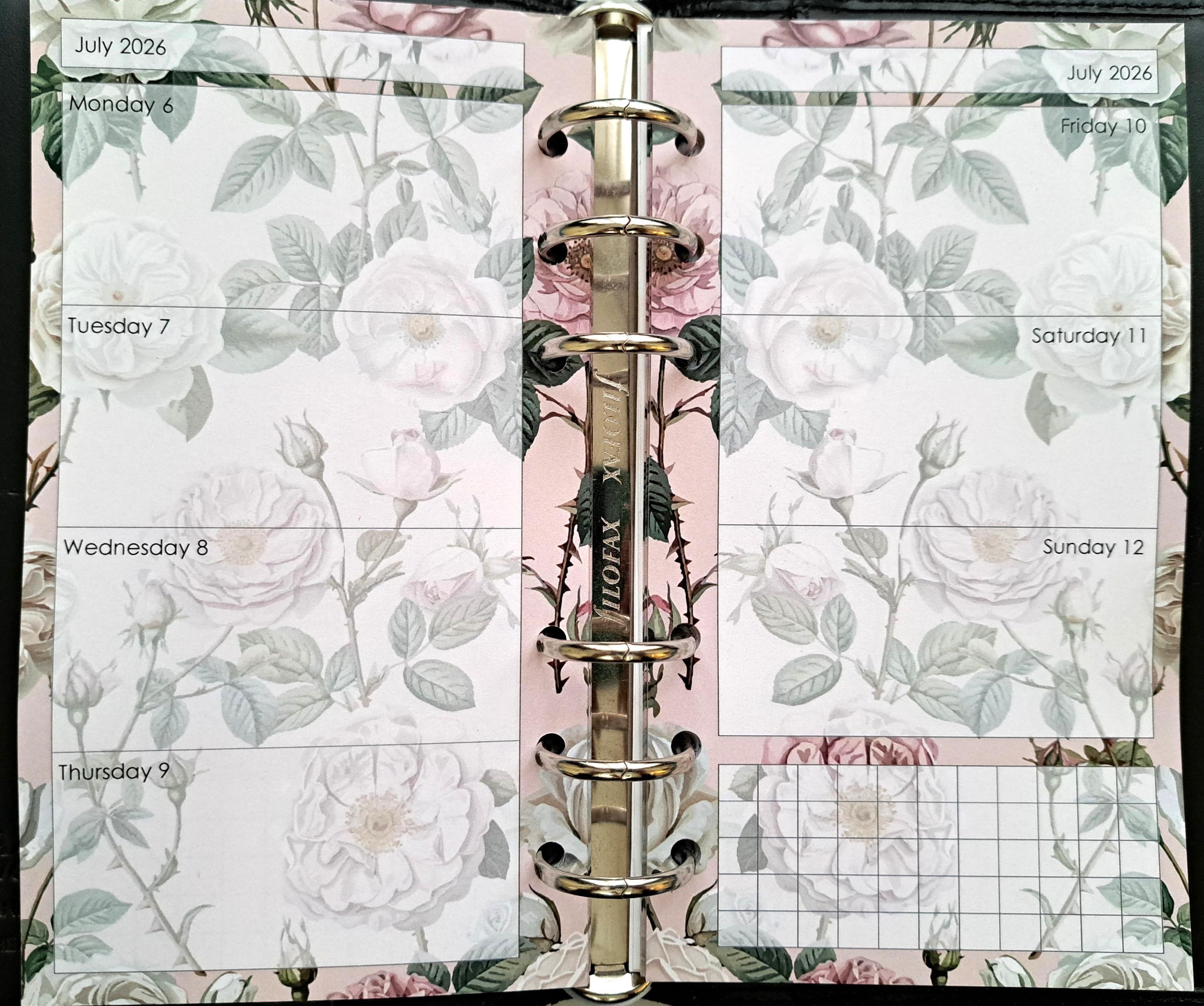 2026 Diary Refills, Pink Roses Pattern, Week to View Layout