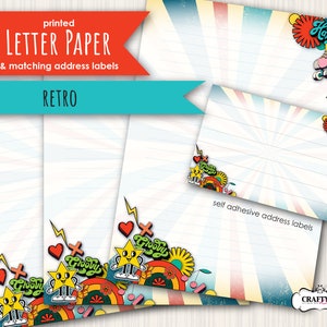 May include: Retro-themed letter paper with a groovy design featuring a rainbow, stars, and the word "Groovy". The paper is lined and comes with matching self-adhesive address labels.