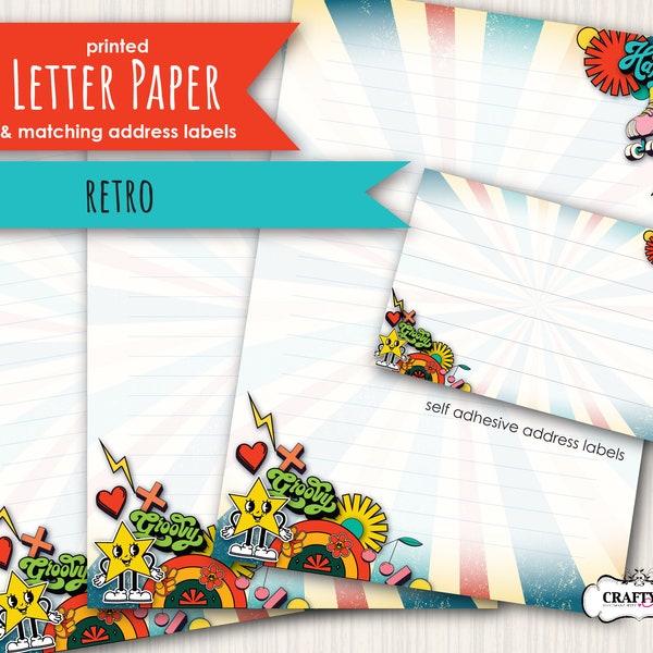 Funky Retro Printed Letter writing paper and stickers set, notepaper set, Retro Pattern, handmade stationery for personal correspondence