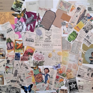 May include: A collage of vintage ephemera, including postcards, advertisements, and illustrations. The collage features a variety of colors and textures, including red, blue, green, and yellow. Some of the images include a hummingbird, a butterfly, a flower, and a girl with a flower in her hair. The text in the collage includes the words "Kodak", "Sulpholine Skin Lotion", and "Harris the paint brush with a name to its handle".