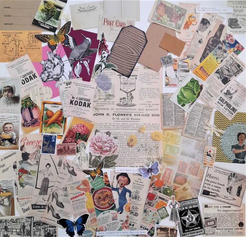 May include: A collage of vintage ephemera, including postcards, advertisements, and illustrations. The collage features a variety of colors and textures, including red, blue, green, and yellow. Some of the images include a hummingbird, a butterfly, a flower, and a girl with a flower in her hair. The text in the collage includes the words "Kodak", "Sulpholine Skin Lotion", and "Harris the paint brush with a name to its handle".