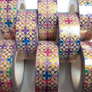 Colourful Quatrefoil pattern foiled washi tape, printed masking tape, multicoloured tape, gold foil washi tape, tile pattern washi tape