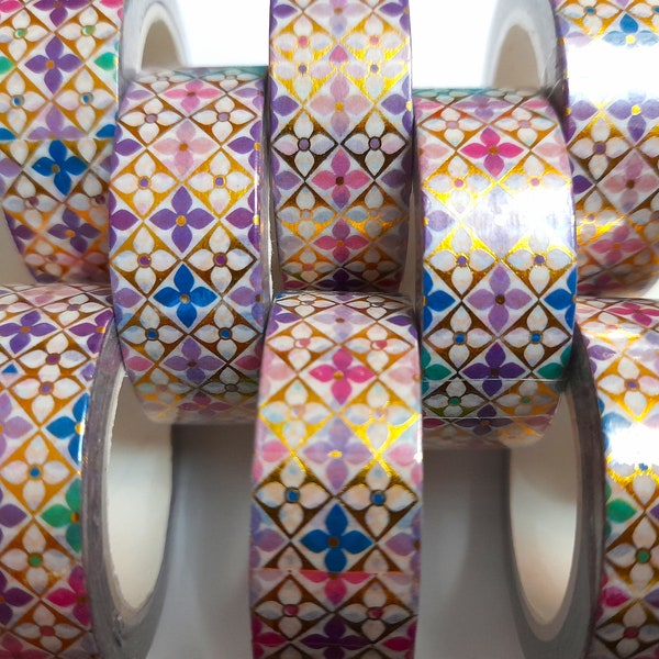 Buntes Quatrefoil Muster Washi Tape, bedrucktes Washi Tape, Goldfolien Washi Tape, Fliesenmuster Washi Tape, buntes Klebeband