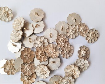 Metal flower shaped buttons, in white and light gold, with a back loop shank,  lovely detail, 18mm diameter