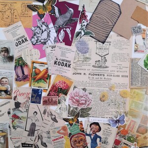 May include: A collage of vintage ephemera, including postcards, advertisements, and illustrations. The collage features a variety of colors and textures, including red, blue, green, and yellow. The text in the collage includes the words "Post Card", "Kodak", "Flower Seeds", and "Enjoy yourself it's later than you think".