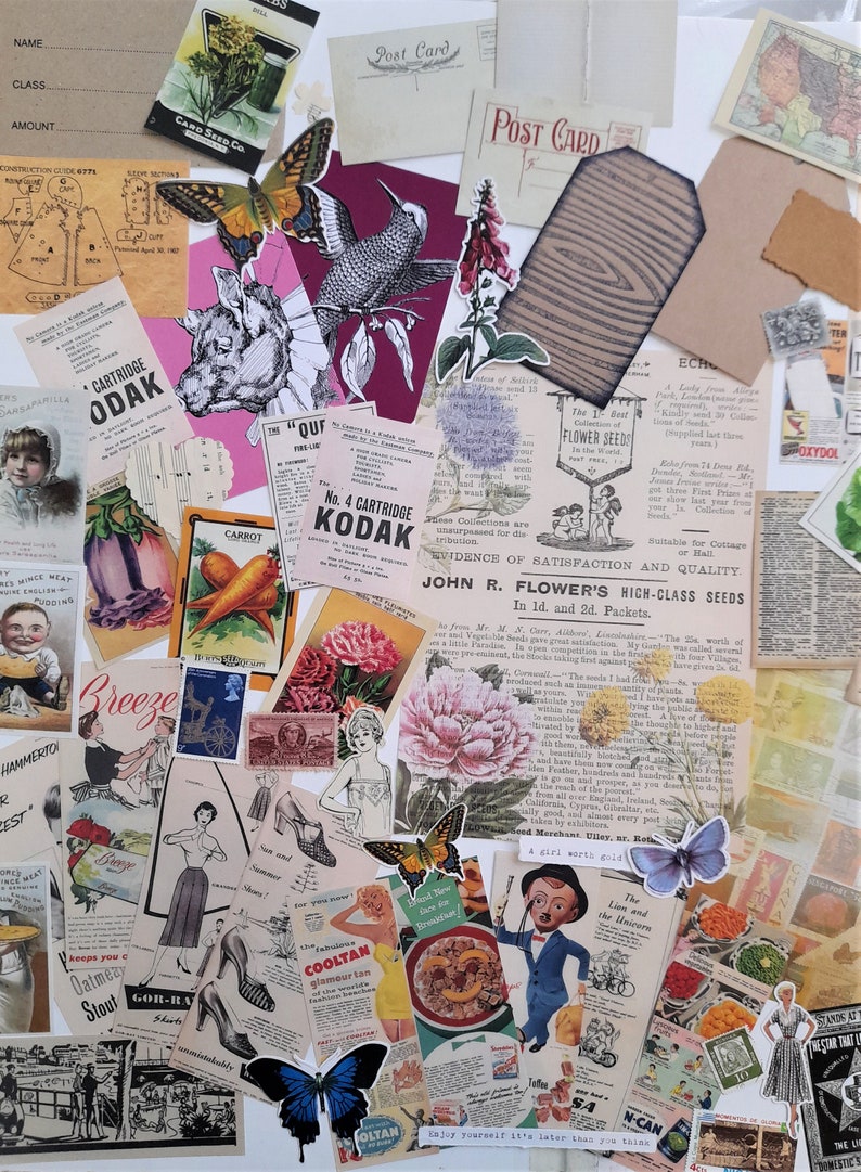 May include: A collage of vintage ephemera, including postcards, advertisements, and illustrations. The collage features a variety of colors and textures, including red, blue, green, and yellow. The text in the collage includes the words "Post Card", "Kodak", "Flower Seeds", and "Enjoy yourself it's later than you think".