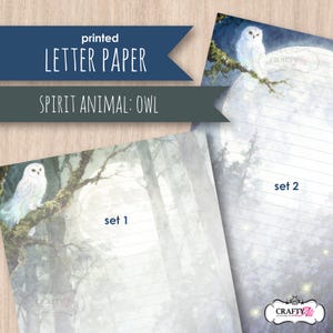 May include: Two sheets of printed letter paper featuring a white owl perched on a tree branch against a full moon and forest background. Each sheet includes horizontal lines for writing and is labeled as set 1 and set 2 with a CraftyAli logo.