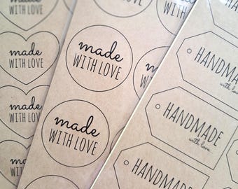 Made With Love stickers, Handmade by stickers for DIY projects, kraft paper stickers, handmade by stickers, handmade with love stickers