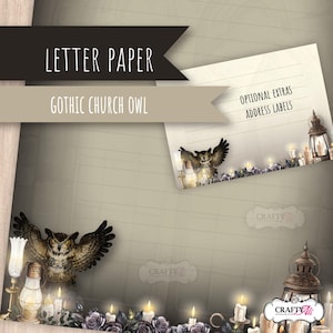 May include: Letter paper with a Gothic Church Owl theme. The design features an owl illustration, candles, and lanterns. The text "Letter Paper" and "Gothic Church Owl" are displayed on the image. The words "Optional Extras Address Labels" are also visible.