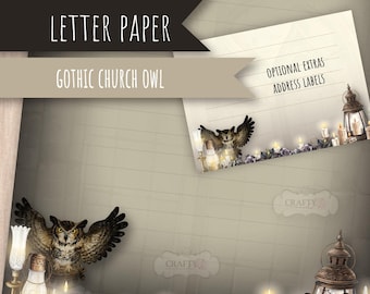Gothic Church Owl Printed Letter writing paper, notepaper set, owl stationery, Pen Pal paper, letter writing kit, goth stationer