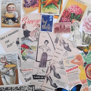 May include: A collage of vintage ephemera, including advertisements for food products, clothing, and photography. The collage features images of a carrot, a plum pudding, a woman in a dress, a butterfly, and a pair of shoes. The text on the images includes "Try Atmore's Mince Meat", "Breeze", "Sun and Summer Shoes", "The Fabulous Cooltan", and "Kodak".