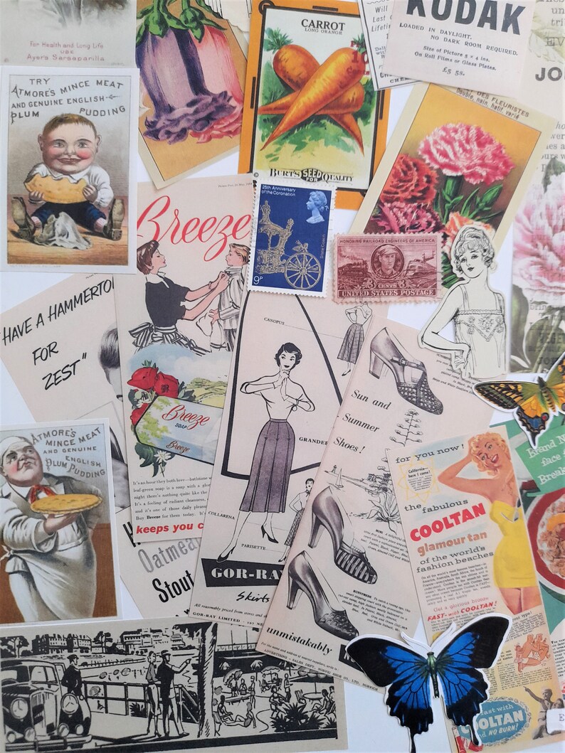 May include: A collage of vintage ephemera, including advertisements for food products, clothing, and photography. The collage features images of a carrot, a plum pudding, a woman in a dress, a butterfly, and a pair of shoes. The text on the images includes "Try Atmore's Mince Meat", "Breeze", "Sun and Summer Shoes", "The Fabulous Cooltan", and "Kodak".