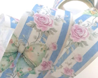 Pink Roses and Blue Stripes Washi Tape, 25mm wide - junk journal supplies, floral stationery