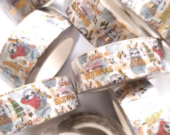 Christmas Sloths Foiled Washi Tape, printed masking tape, winter washi tape, festive washi tape, sloth washi tape