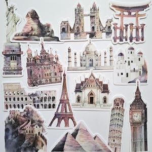 Famous landmarks die cuts, ephemera for travel journals, smash books and scrap booking, travel ephemera, travel journal supplies