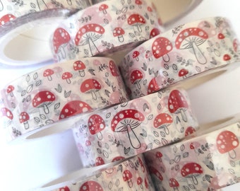 Toadstools Mushrooms Funghi Red and White Autumnal Washi Tape, printed masking tape, decorative tape for journaling