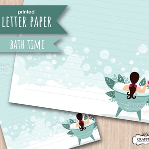 May include: Printable letter paper with a blue background and white lines. The design features a woman in a bathtub with bubbles and a glass of wine. The text "Bath Time" is printed on the paper.