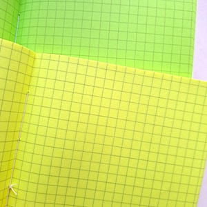 May include: Open notebook with bright green and yellow graph paper pages. The pages are bound with a white string. The grid lines are a dark grey colour. The notebook is open, displaying the inside pages.