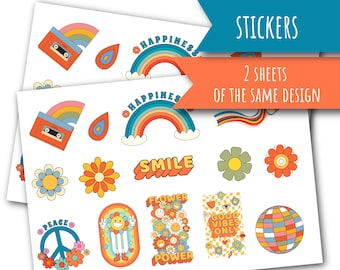 May include: Two sheets of stickers with a retro 70s theme. The stickers feature rainbows, flowers, peace signs, smiley faces, and text that says "Happiness", "Smile", "Flower Power", "Good Vibes Only", and "Peace".