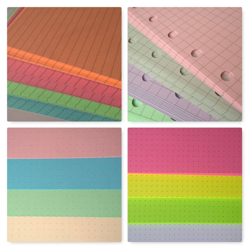May include: A stack of colorful paper with different patterns. The paper is lined, gridded, and dotted. The paper is perfect for note-taking, journaling, and crafting.
