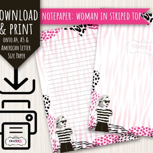 Papel para cartas IMPRIMIBLE, Mujer cool con blusa a rayas, papel para cartas digital, papel para descargar e imprimir
