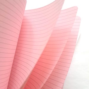 Könnte beinhalten: Nahaufnahme eines rosa Notizbuchs mit linierten Seiten. Die Seiten sind aufgefächert und zeigen das Innere des Notizbuchs. Das Papier ist zartrosa mit dünnen, dunkelgrauen Linien. Der Hintergrund ist weiß.