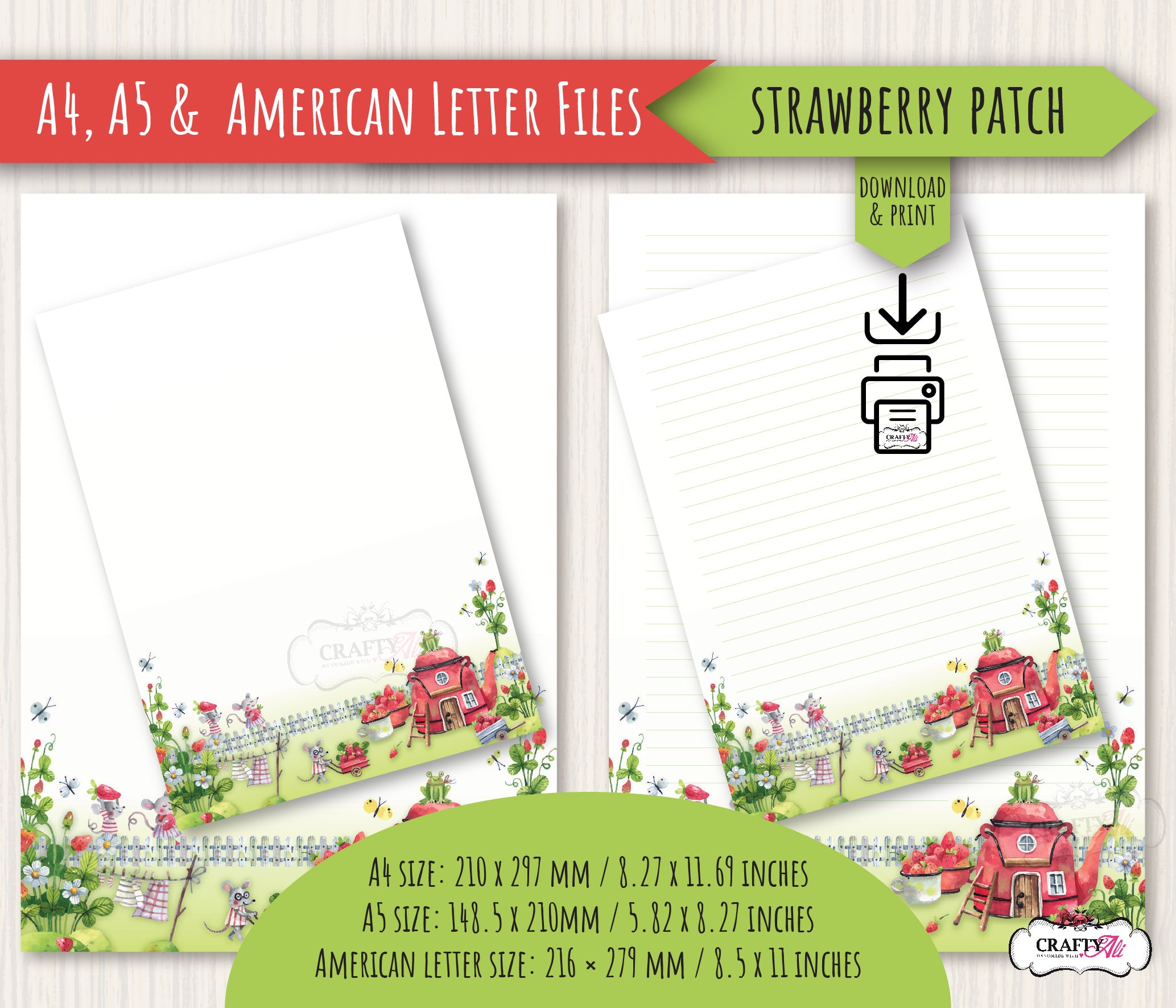 PRINTABLE Letter Writing Notepaper, Mouse Strawberry Patch, Digital ...