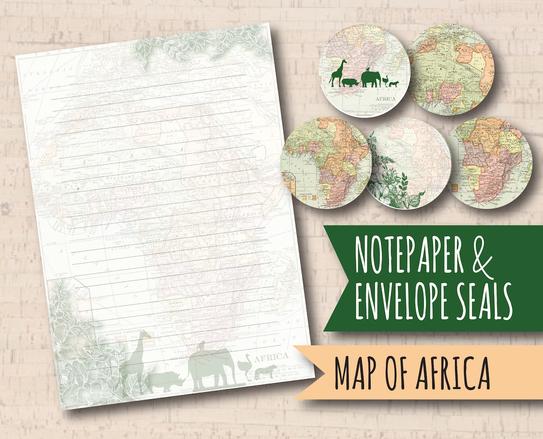 Africa Printed Letter Writing Paper, Notepaper Set, Vintage Map of ...