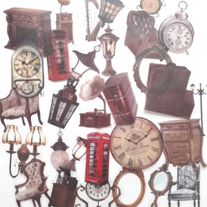 Vintage Möbel Aufkleber, London Aufkleber, klare Aufkleber, Uhr Aufkleber, Karten-Topper, Junk Journal Bedarf, Vintage Aufkleber