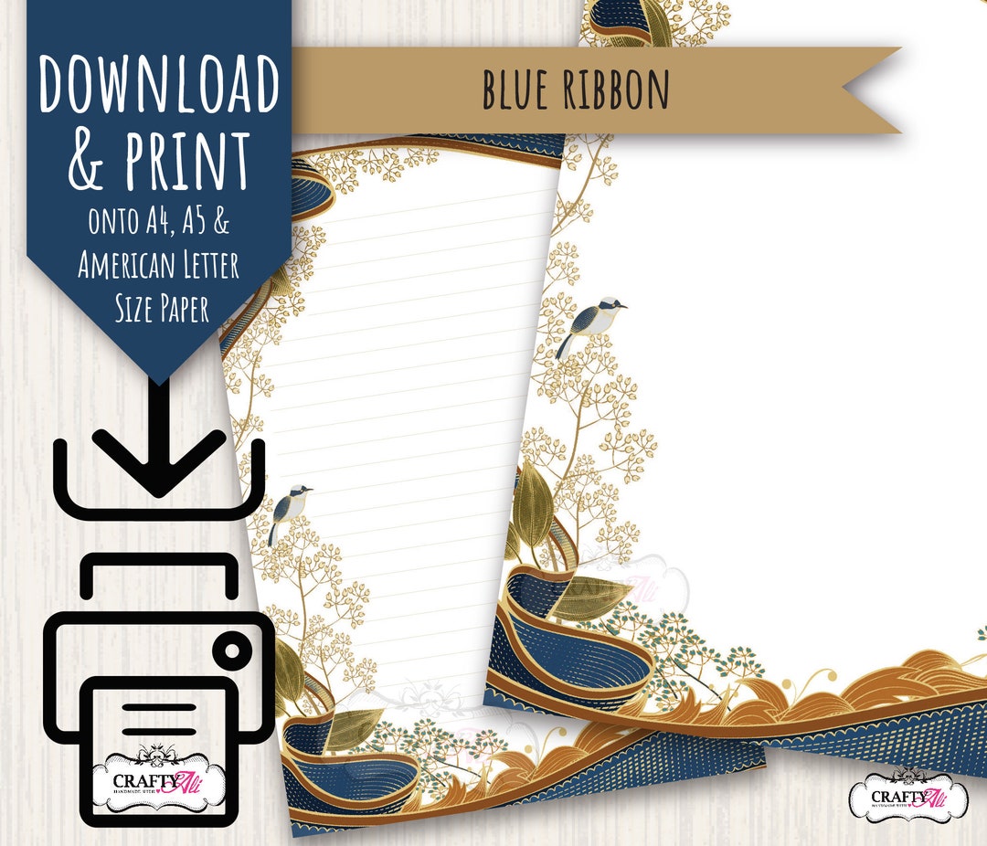 PRINTABLE Letter Writing Notepaper, Blue Ribbon, Digital Letter Writing ...