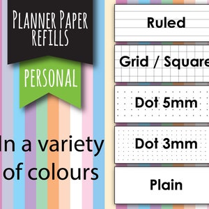 May include: Planner paper refills in a variety of colours. The paper is available in ruled, grid, dot 5mm, dot 3mm, and plain styles.