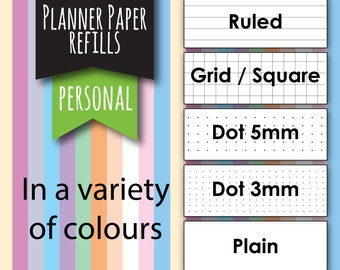 Personal Size Planner Paper Refills, 40 sheets, for 6 ring planners, planner paper, refill paper, coloured paper, grid paper, lined paper
