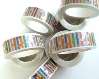 Colourful Stripes and Hearts pattern foiled Washi Tape, printed masking tape, multicoloured tape, copper foil washi tape, rainbow washi tape