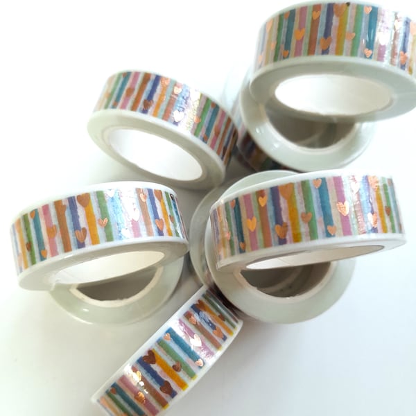 Bunte Streifen und Herzen Muster foliertes Washi Tape, bedrucktes Washi Tape, buntes Klebeband, Kupferfolie Washi Tape, buntes Washi Tape