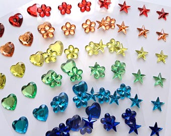 3 x Packs Rainbow Jewel Stickers - Heart, Star & Flower Embellishments