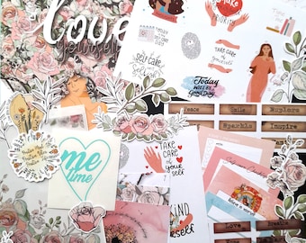 May include: A collage of self-care themed stickers, cards, and floral accents. The words "love yourself" are prominently displayed. Other text includes "me time", "take care of yourself", and "today will be a good day". The color palette is soft pinks, greens, and whites.