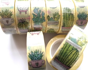May include: Rolls of decorative washi tape featuring various potted cacti and succulents in pink, white, and green. The tape has a yellow background with watercolor-style illustrations of the plants. The tape is ideal for scrapbooking, journaling, and other crafts.