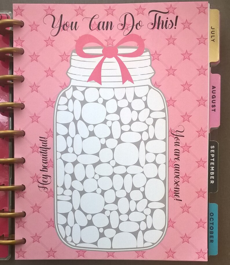 May include: Pink planner with a mason jar design and the text "You Can Do This!" and "Hey beautiful!" and "You are awesome!" The mason jar is filled with white circles. The planner has tabs for July, August, September, and October.