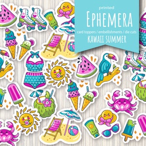 Könnte beinhalten: Ein Set mit 20 bunten digitalen Stickern mit Kawaii-Sommermotiven. Die Sticker beinhalten eine Wassermelone, Eiswaffeln, einen Tukan, eine Krabbe, Rollschuhe, ein Kokosnussgetränk, einen Badeanzug, einen Strandstuhl, Sonnenbrillen, eine Sonne und vieles mehr.