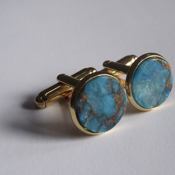 Blue Copper Turquoise, 12mm Round Flat Cabochon Cufflinks