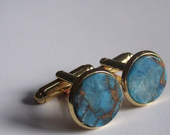 Blue Copper Turquoise, 12mm Round Flat Cabochon Cufflinks